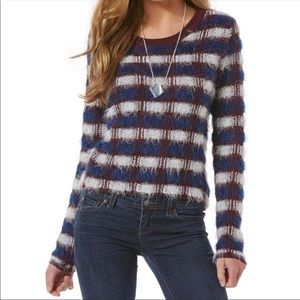 JOE BOXER Plaid Knit Eyelash Blue Burgundy White Soft Sweater Medium